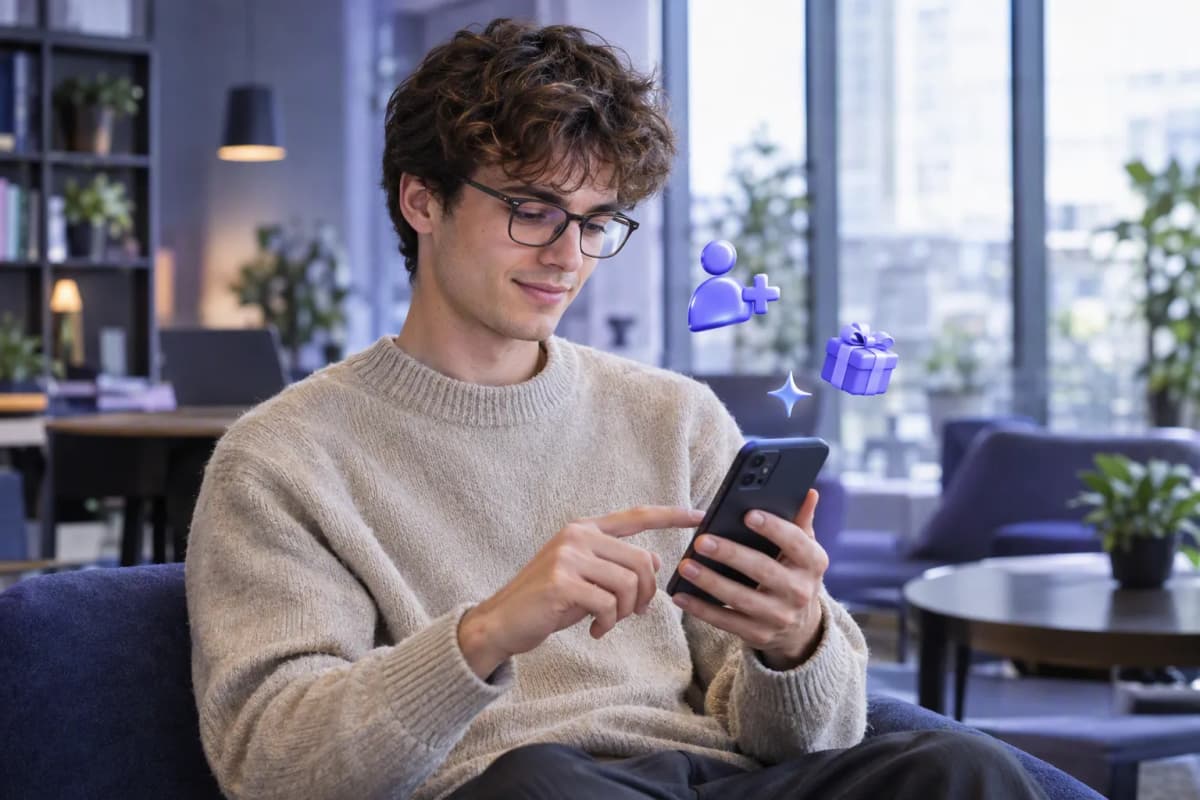 Ortak çalışma alanında telefonunda ücretsiz denemeyi keşfeden genç adam; çevresinde 3D simgeler