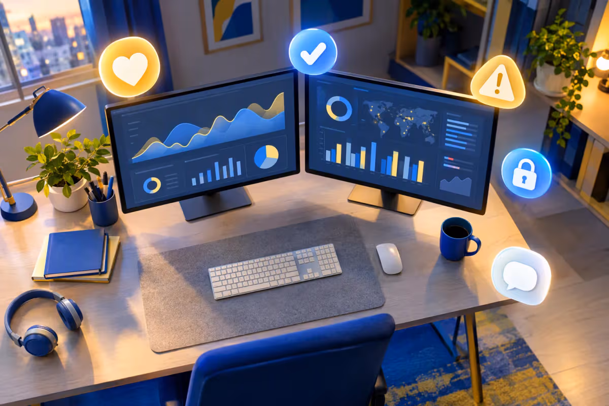 İki monitörlü düzenli masaüstü, analitik panolar ve yüzen 3D ikonlar, sıcak ışıkta