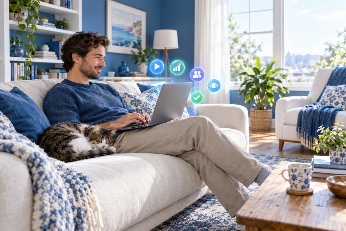 Mavi-beyaz salonda kanepede laptopla uzanan adam ve yanında kıvrılan kedi; 3D ikonlar