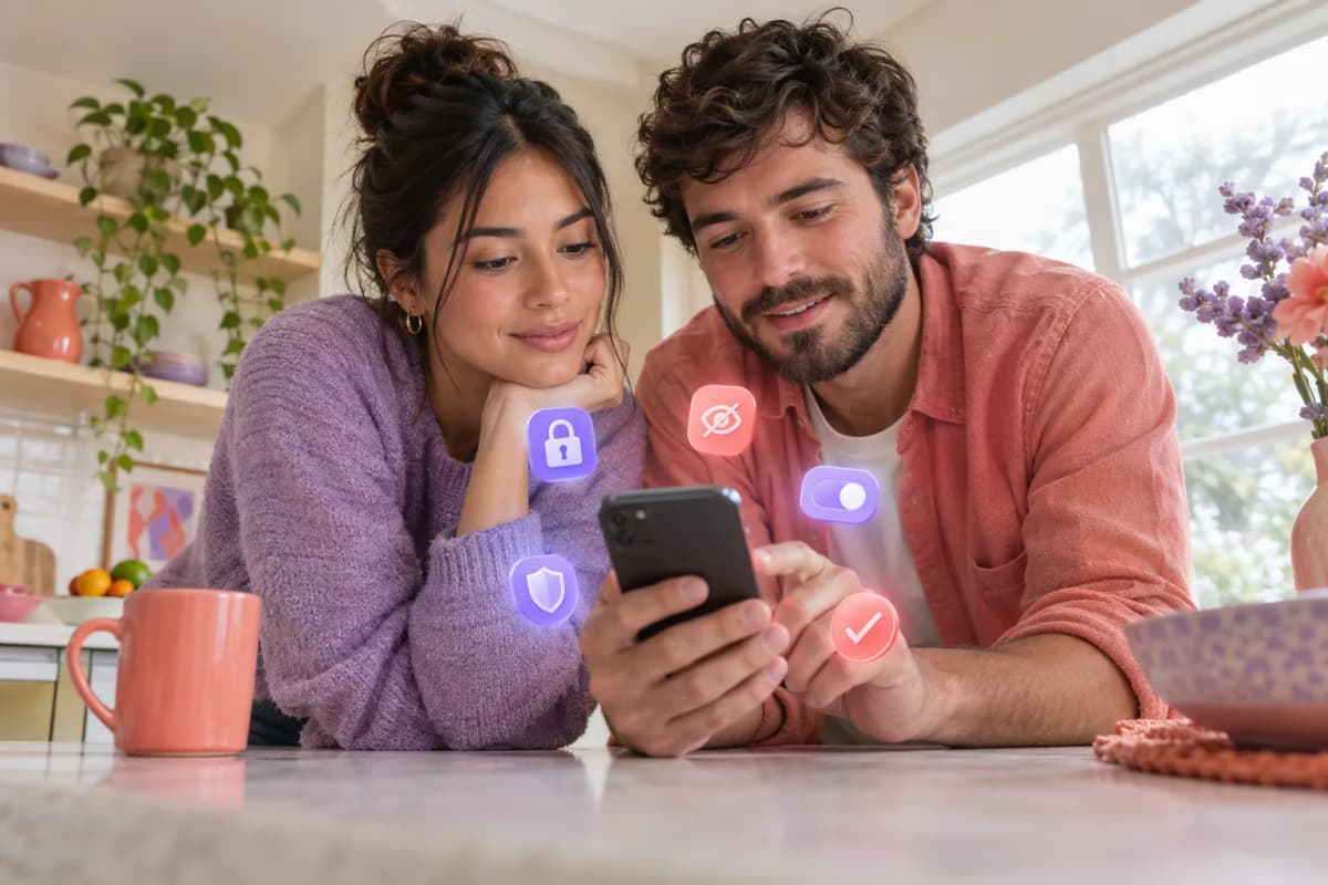 Mutfak tezgâhında telefona bakan çift; ekranda gizlilik ayarları, yumuşak ikonlar