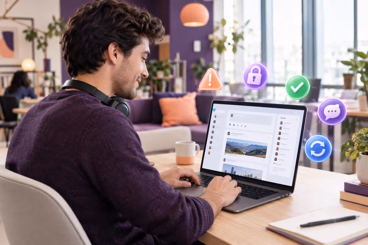 Modern ortak çalışma alanında laptoplu adam, ekranda 3D simgeler süzülüyor