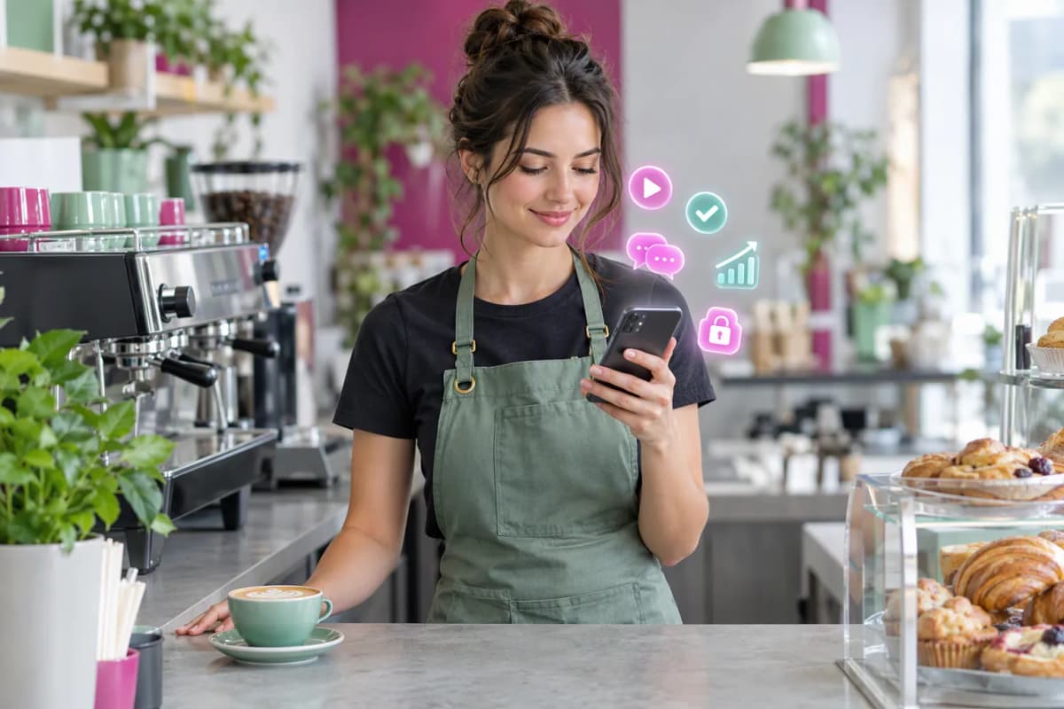 Kahve tezgâhında telefonunu kontrol eden barista, pastel dekor ve yüzen 3D ikonlar