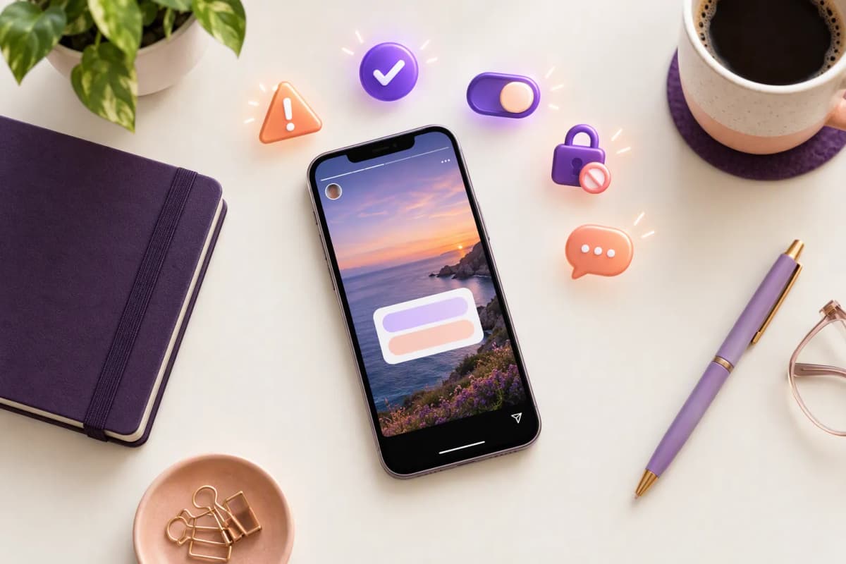 Krem masa üstünde hikâye oylama ekranlı telefon, defter ve hata/çözüm simgeleri