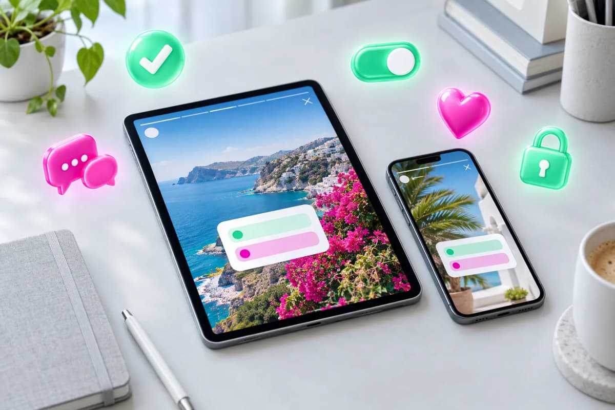 45 derece açıyla açık gri düzenli çalışma alanı; tablet, telefon ve pembe-yeşil 3D ikonlar