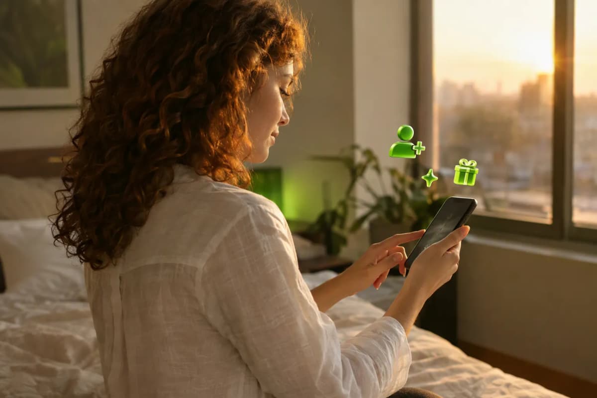Pencere kenarındaki yatak odasında telefonunda ücretsiz denemeyi keşfeden genç kadın; çevresinde 3D simgeler