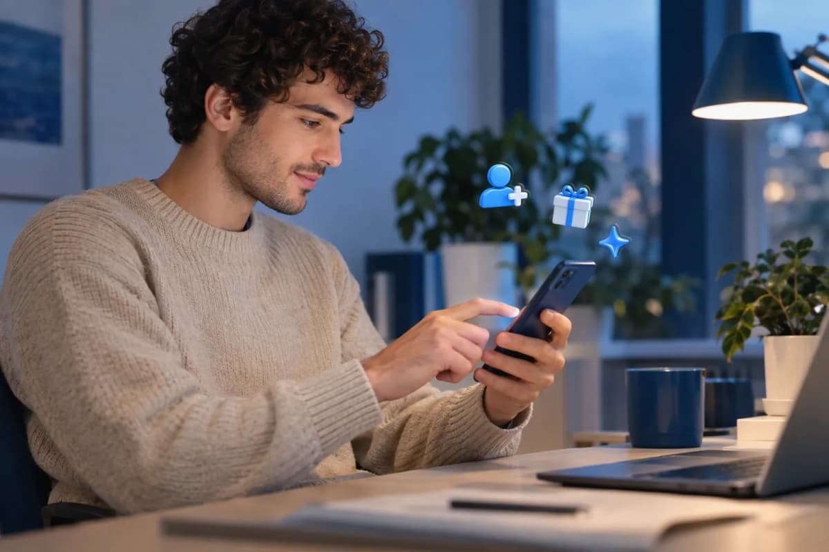 Bitkili ev çalışma masasında telefonunda ücretsiz denemeyi keşfeden genç adam; çevresinde 3D simgeler