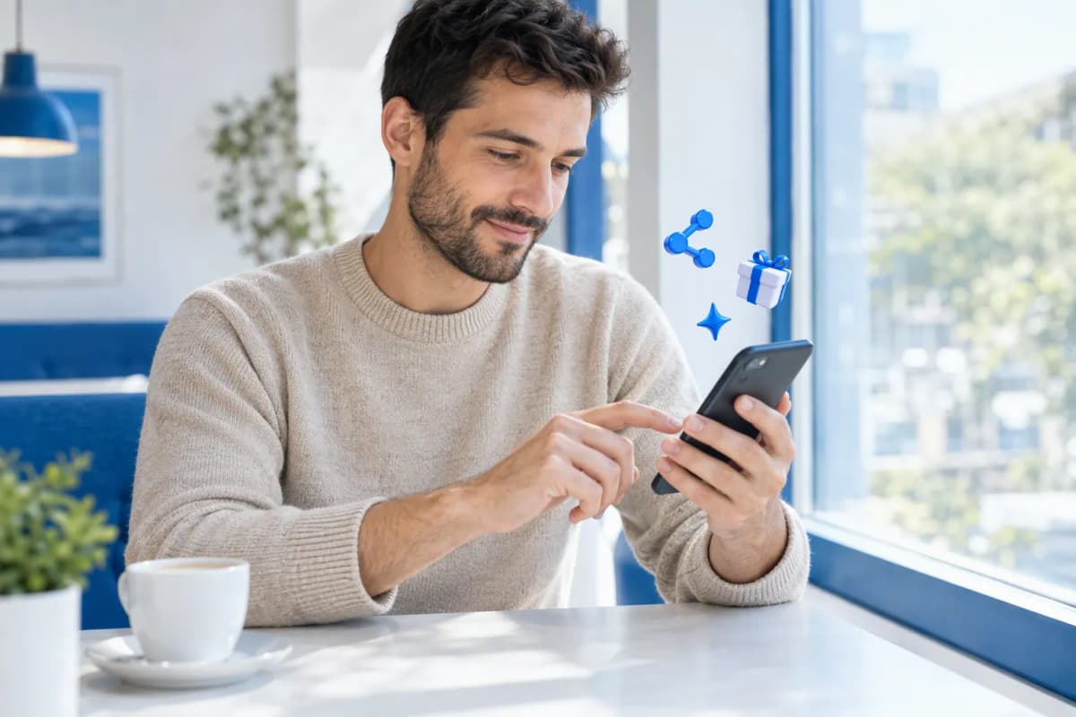 Kafede pencere kenarındaki masada telefonunda ücretsiz denemeyi keşfeden genç adam; çevresinde 3D simgeler