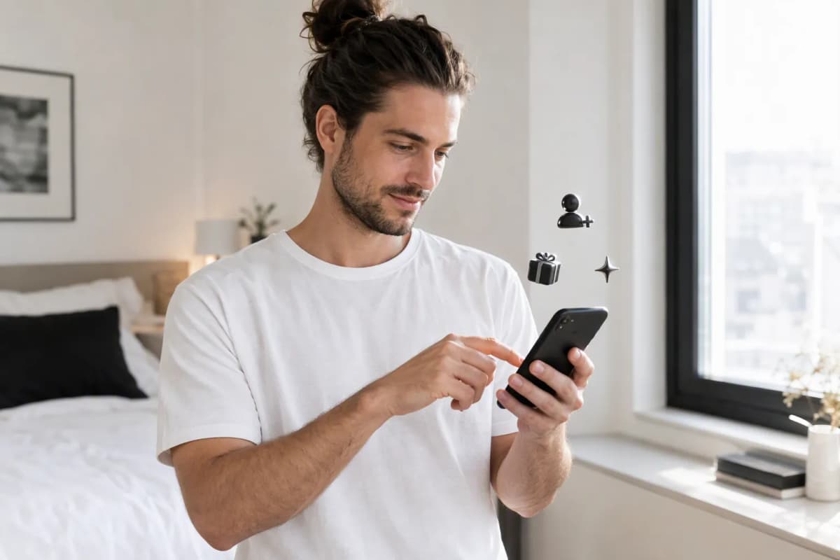 Pencere kenarındaki yatak odasında telefonunda ücretsiz denemeyi keşfeden genç adam; çevresinde 3D simgeler