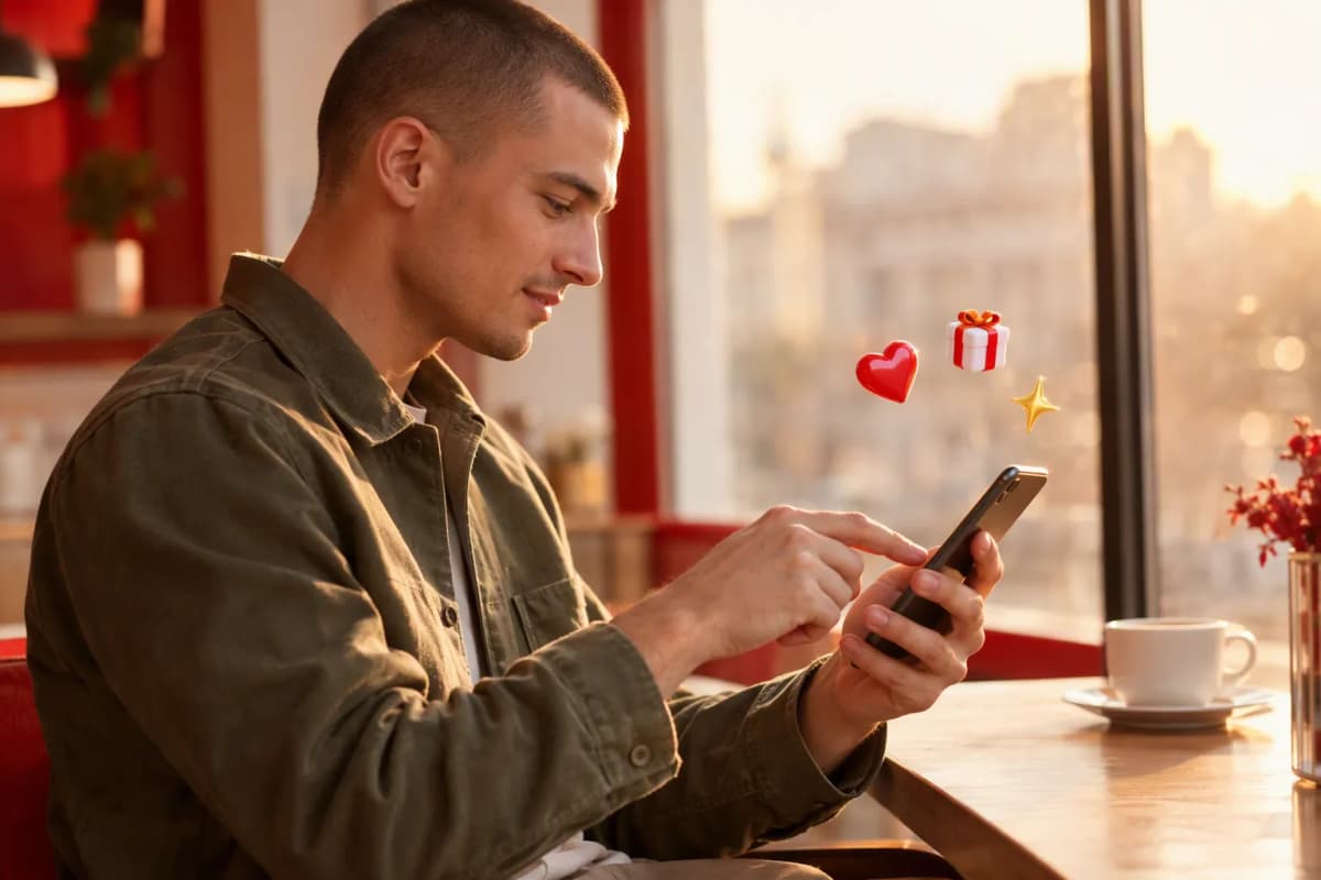 Kafede pencere kenarındaki masada telefonunda ücretsiz denemeyi keşfeden genç adam; çevresinde 3D simgeler