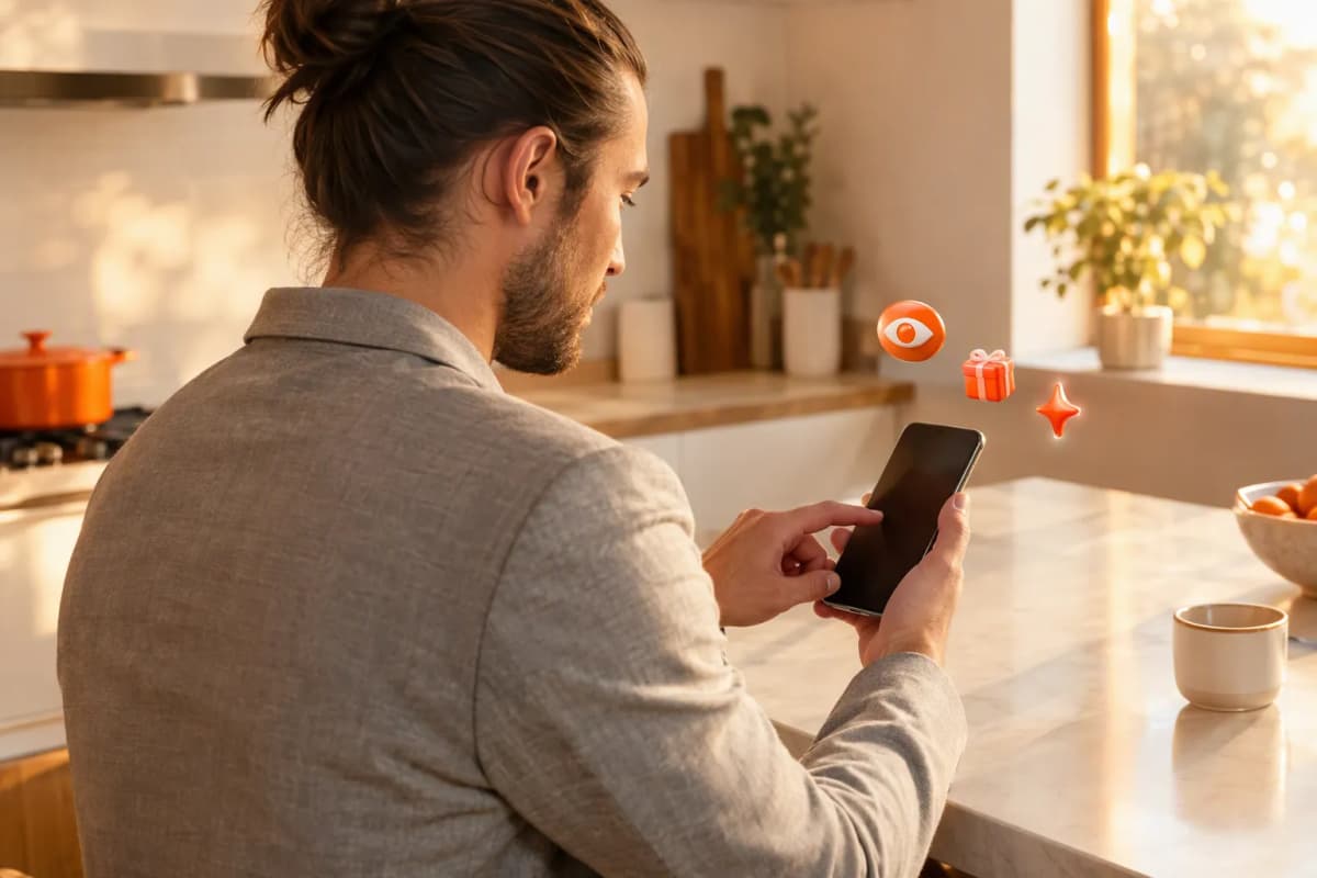 Sabah mutfak tezgâhında telefonunda ücretsiz denemeyi keşfeden genç adam; çevresinde 3D simgeler