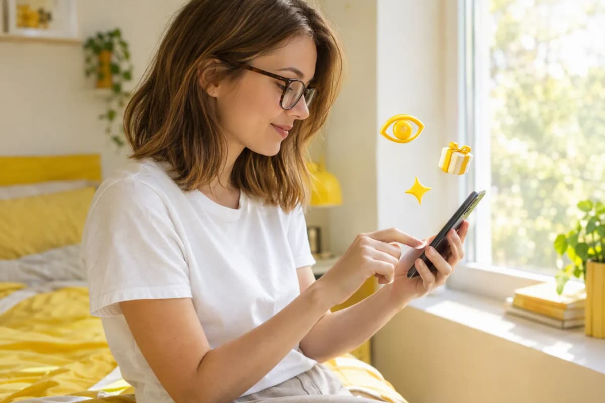 Pencere kenarındaki yatak odasında telefonunda ücretsiz denemeyi keşfeden genç kadın; çevresinde 3D simgeler