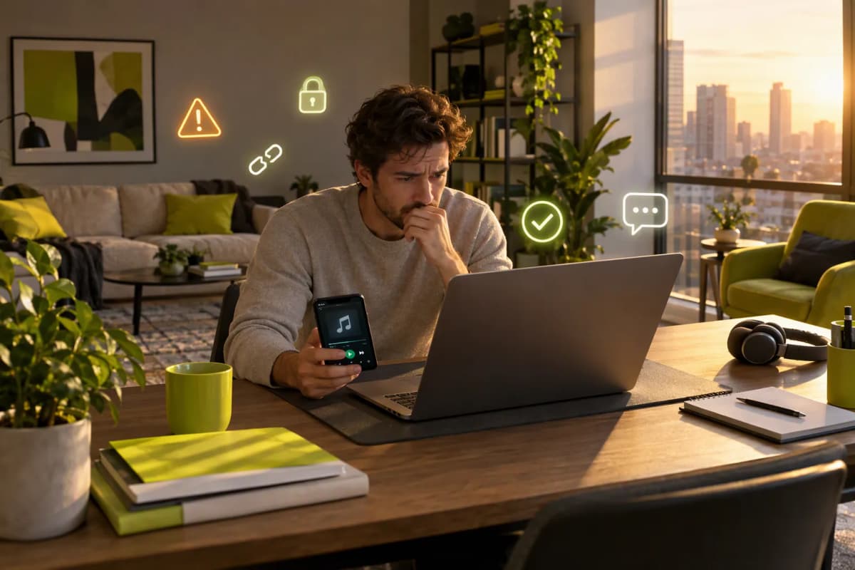 Modern odada masada oturan endişeli adam, laptop ve telefon yanında yüzen uyarı ikonları