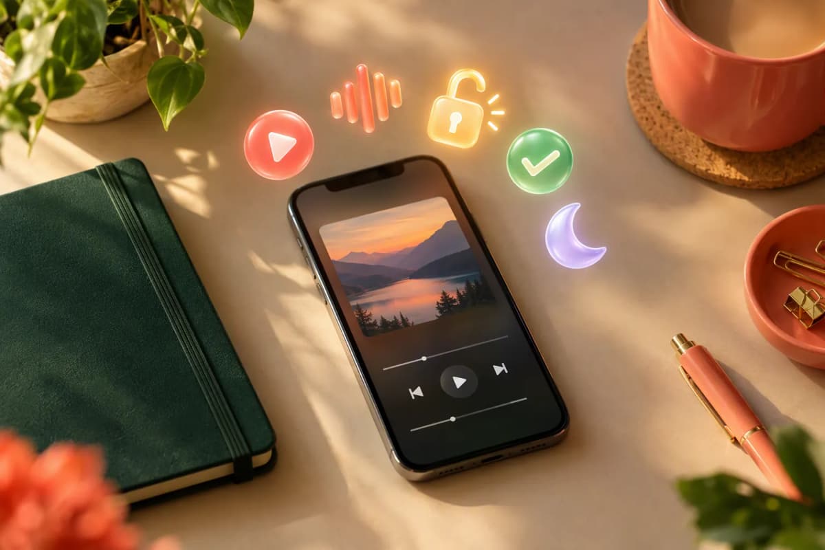 Bej masa üstünde müzik ekranlı telefon, yeşil defter ve havada ışıklı 3D simgeler