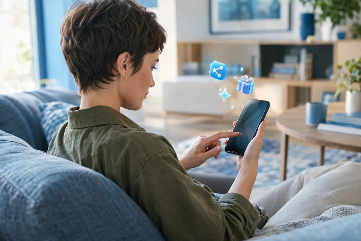 Oturma odasında kanepede telefonunda ücretsiz denemeyi keşfeden genç kadın; çevresinde 3D simgeler