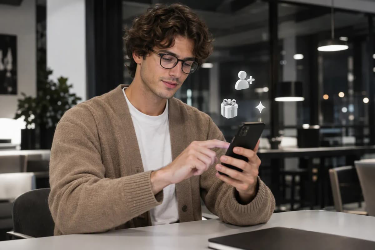 Ortak çalışma alanında telefonunda ücretsiz denemeyi keşfeden genç adam; çevresinde 3D simgeler