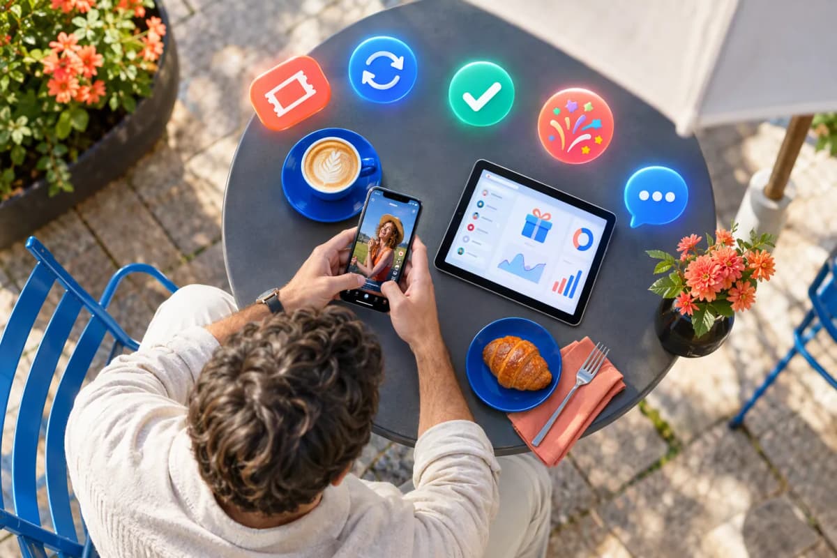 Şemsiye altındaki kafe masasınde telefona bakan adam ve yanında tablet, 3D ikonlar
