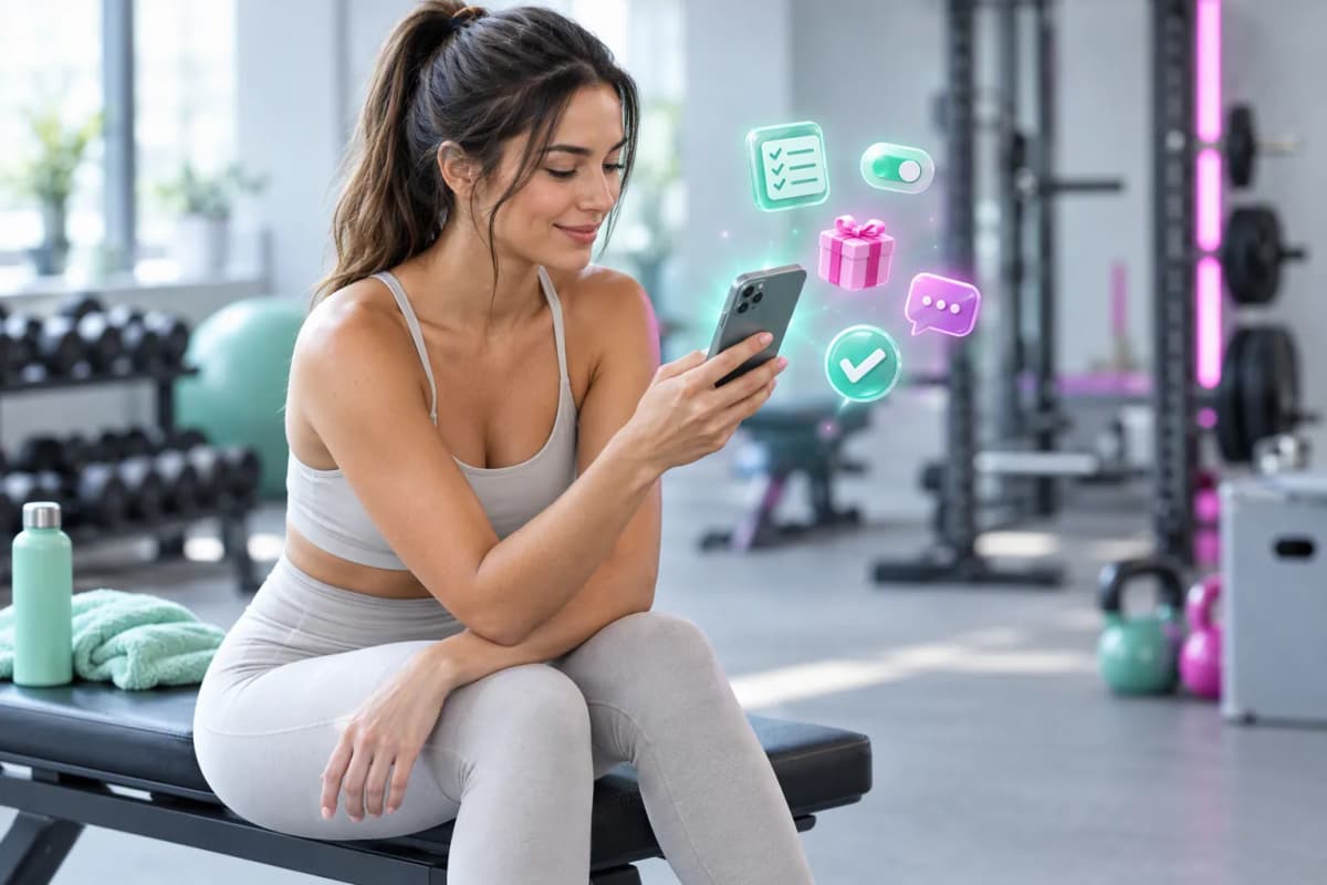 Nötr spor kıyafetli kadın, gri spor salonunda bankta oturup telefona bakıyor; 3D ikonlar süzülüyor