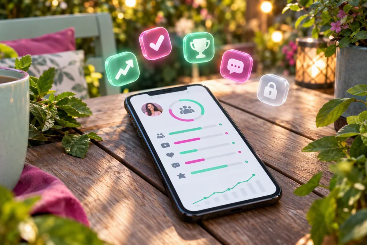 Ahşap bahçe masasında yapraklar arasında, yumuşak ışıkta ekranda analiz olan akıllı telefon