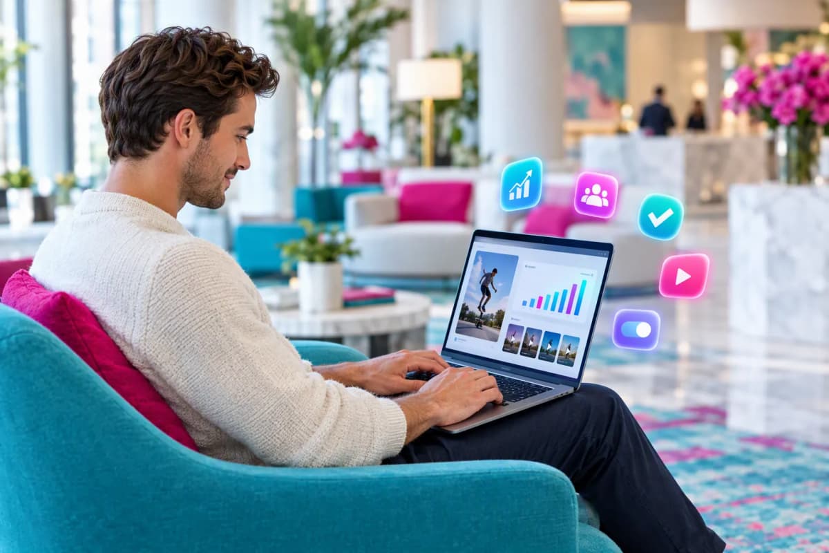 Modern otel lobisinde koltukta laptop kullanan adam, yanında parlayan 3D analiz ikonları