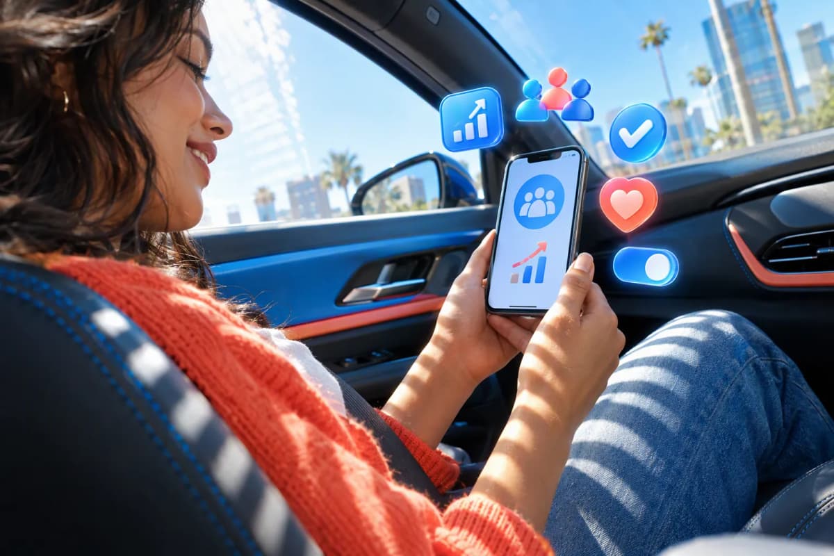 Araba yolcu koltuğunda, güneş çizgileri altında telefon tutan kişi ve 3D ikonlar