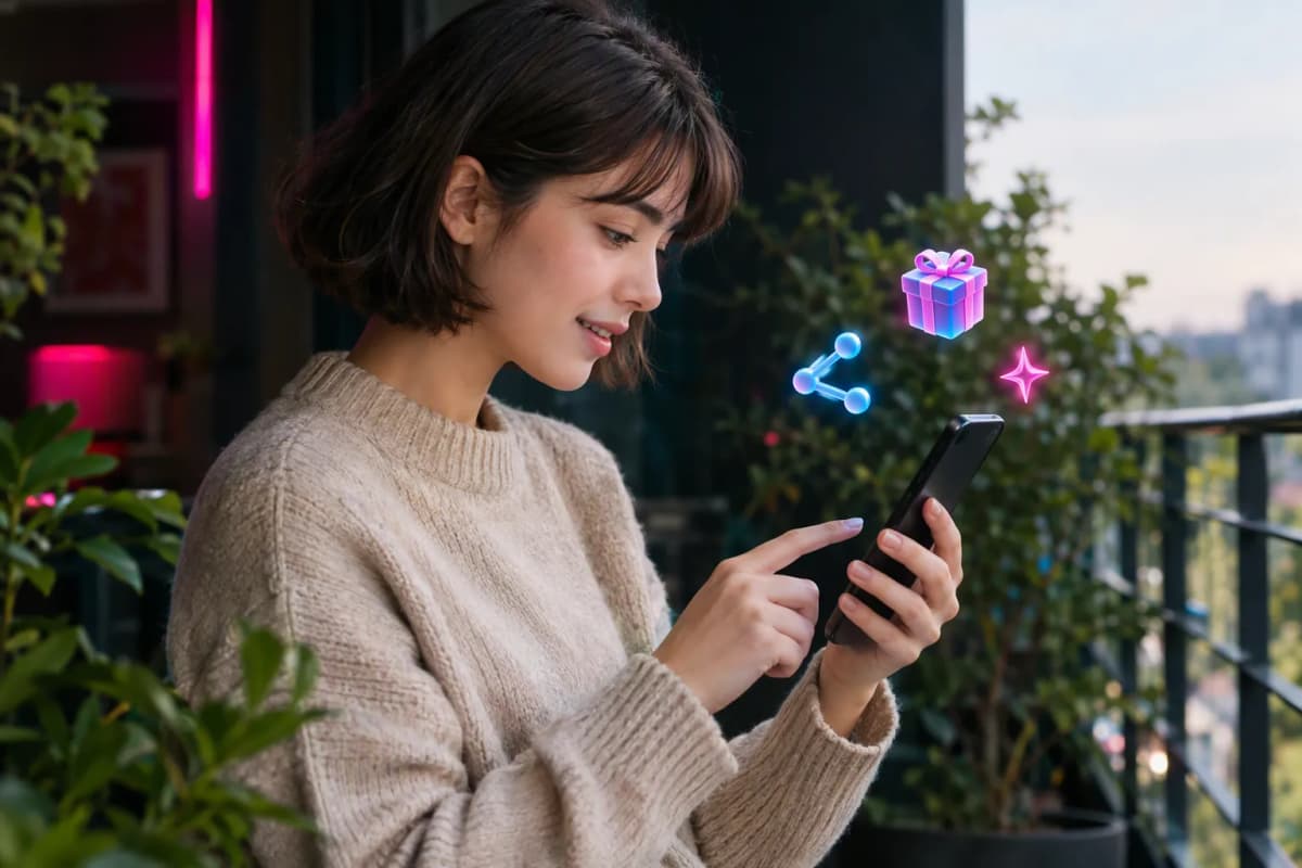 Bitkili balkonda telefonunda ücretsiz denemeyi keşfeden genç kadın; çevresinde 3D simgeler