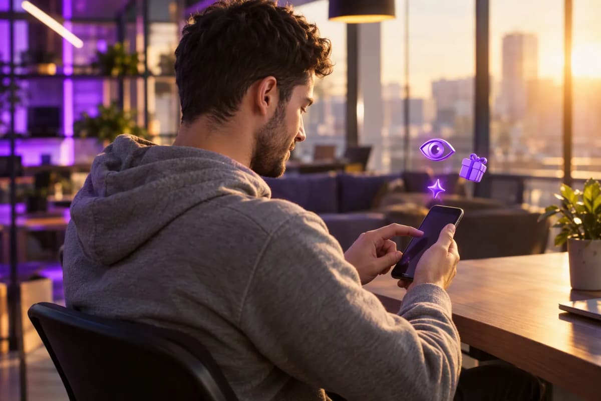 Ortak çalışma alanında telefonunda ücretsiz denemeyi keşfeden genç adam; çevresinde 3D simgeler