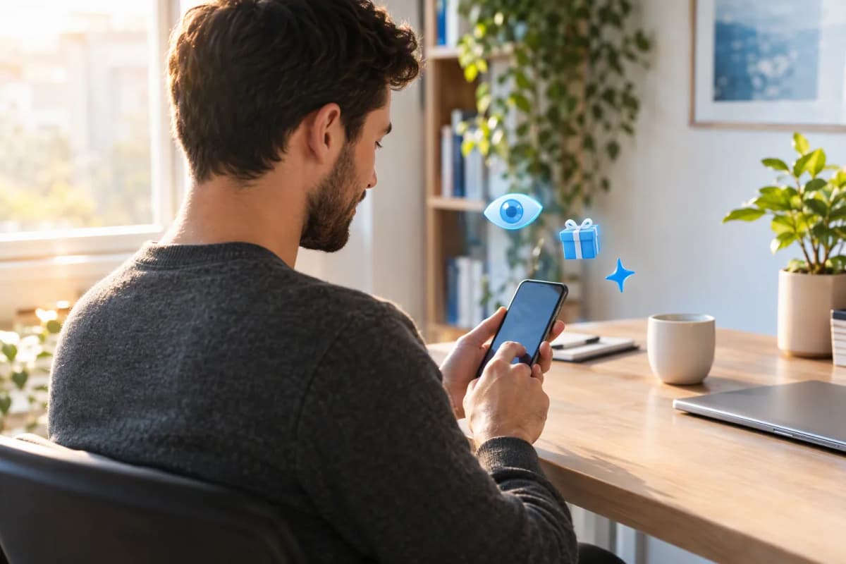Bitkili ev çalışma masasında telefonunda ücretsiz denemeyi keşfeden genç adam; çevresinde 3D simgeler