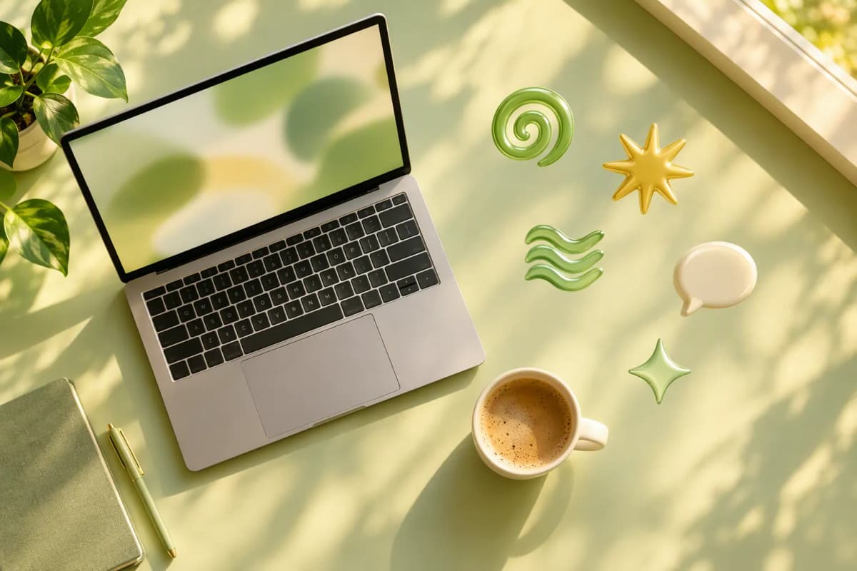 Yeşil-krem masa köşesinde laptop ve kahve fincanı, üstten ışıkta 3D ikonlar