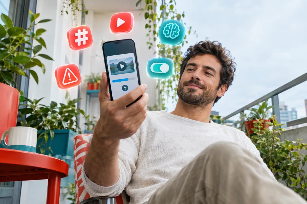 Bitkilerle dolu balkonunda, telefonu yükleme ekranı gösteren adam ve yüzen 3D ikonlar