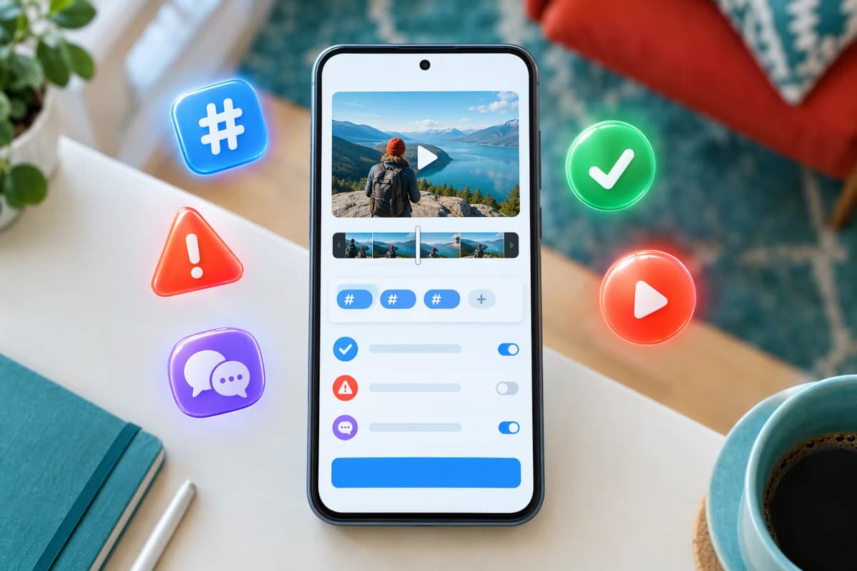 Krem rengi masada dik duran telefon, yükleme arayüzü ve etrafında 3B parlak ikonlar