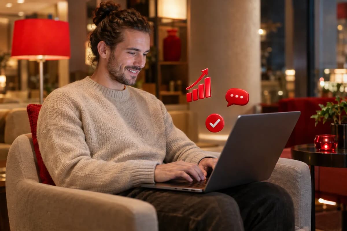 Otel lobisindeki koltukta dizüstünde sonuçlara memnun bakan genç adam; yükselen grafik ve 3D simgeler