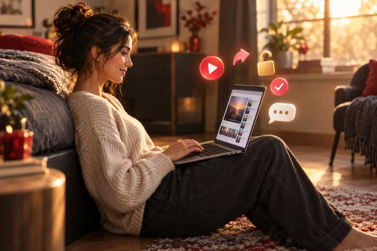 Yerde oturan kadın, yatak kenarında dizüstünde video paneli ve yüzen 3D simgeler