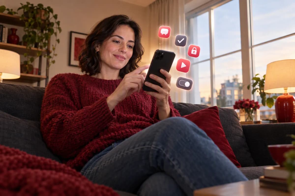 Otuzlu yaşlarda kadın, aydınlık salonda kanepede telefona bakarken 3D ikonlar süzülüyor