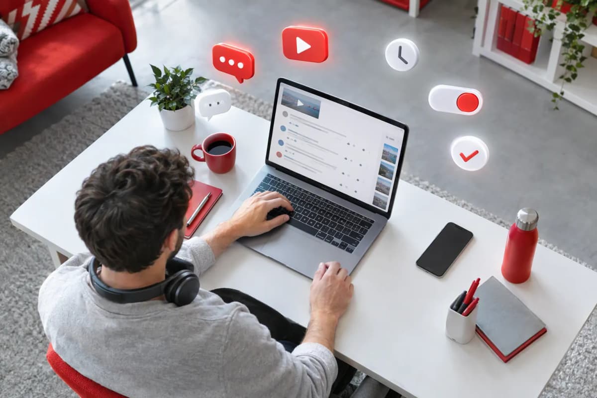 Kulaklıklı adam, ortak çalışma alanında laptopla çalışırken üstte 3D ikonlar süzülüyor