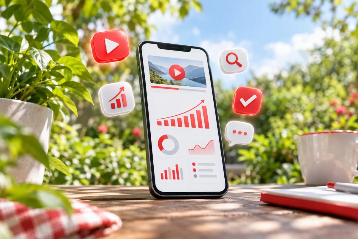 Ahşap bahçe masasındaki telefonda analiz grafikleri, çevrede yapraklar ve 3D ikonlar