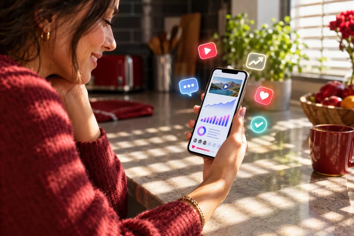Parlak mutfakta tezgâha yaslanan kadının elinde telefon; güneş çizgileri, 3D ikonlar