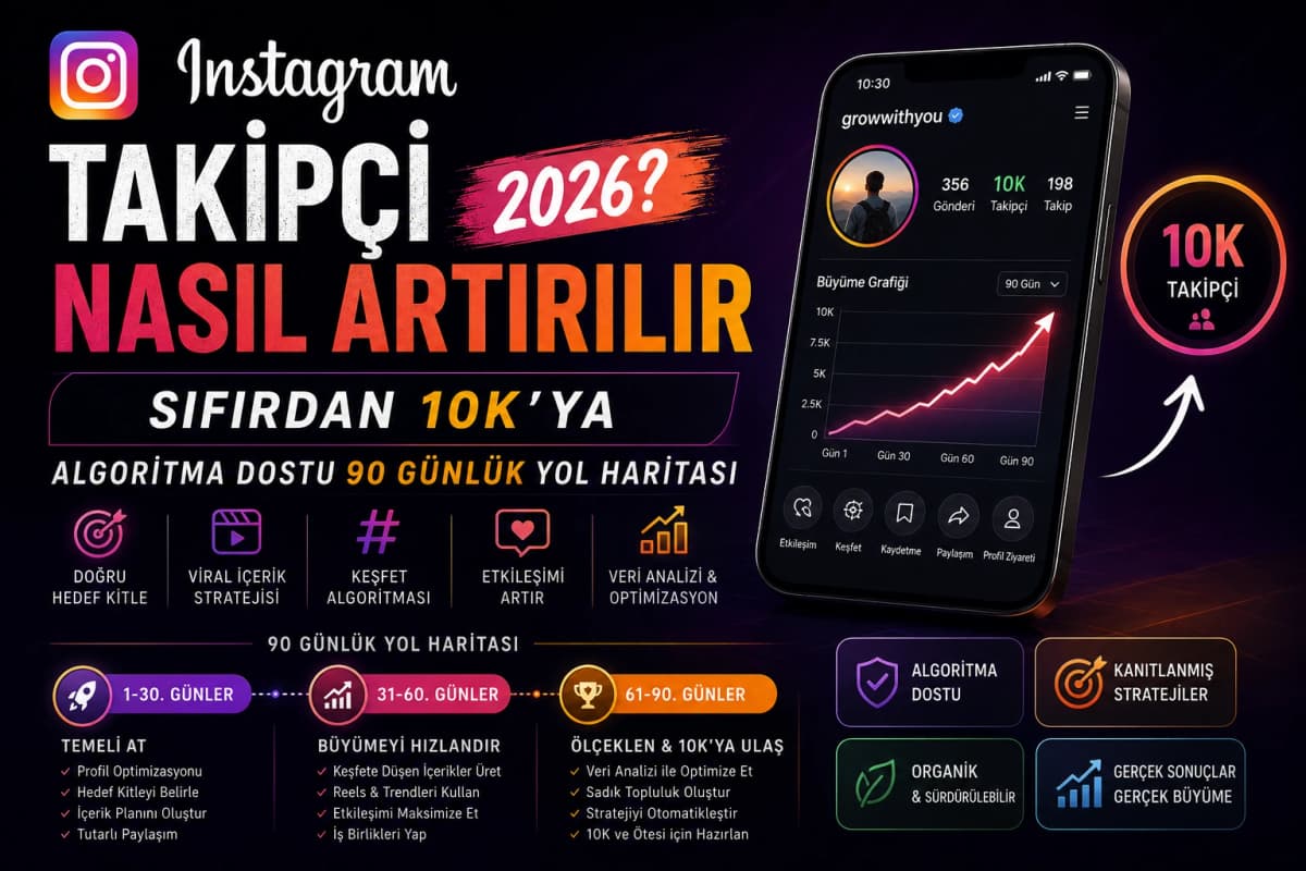Instagram Takipçi Nasıl Artırılır 2026? Sıfırdan 10K'ya Algoritma Dostu 90 Günlük Yol Haritası