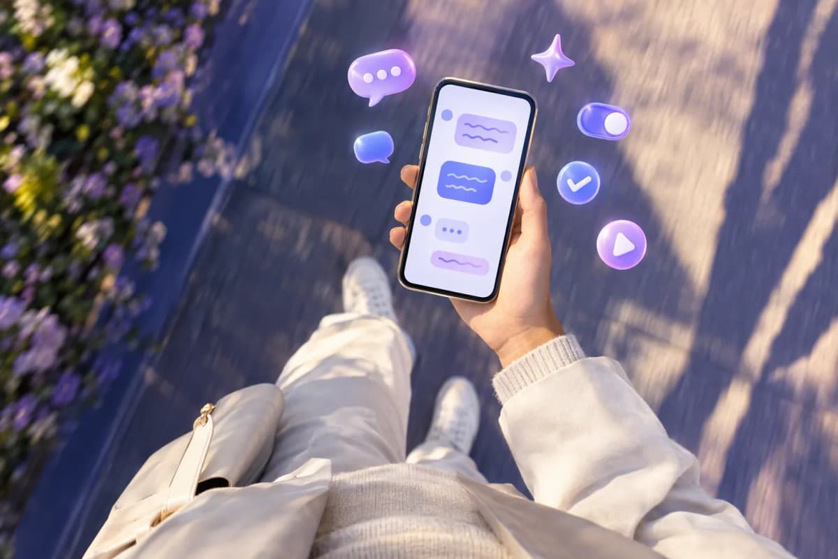 Yukarıdan çekimde sokakta yürüyen kişi telefon tutar; uzun gölgeler ve 3D ikonlar