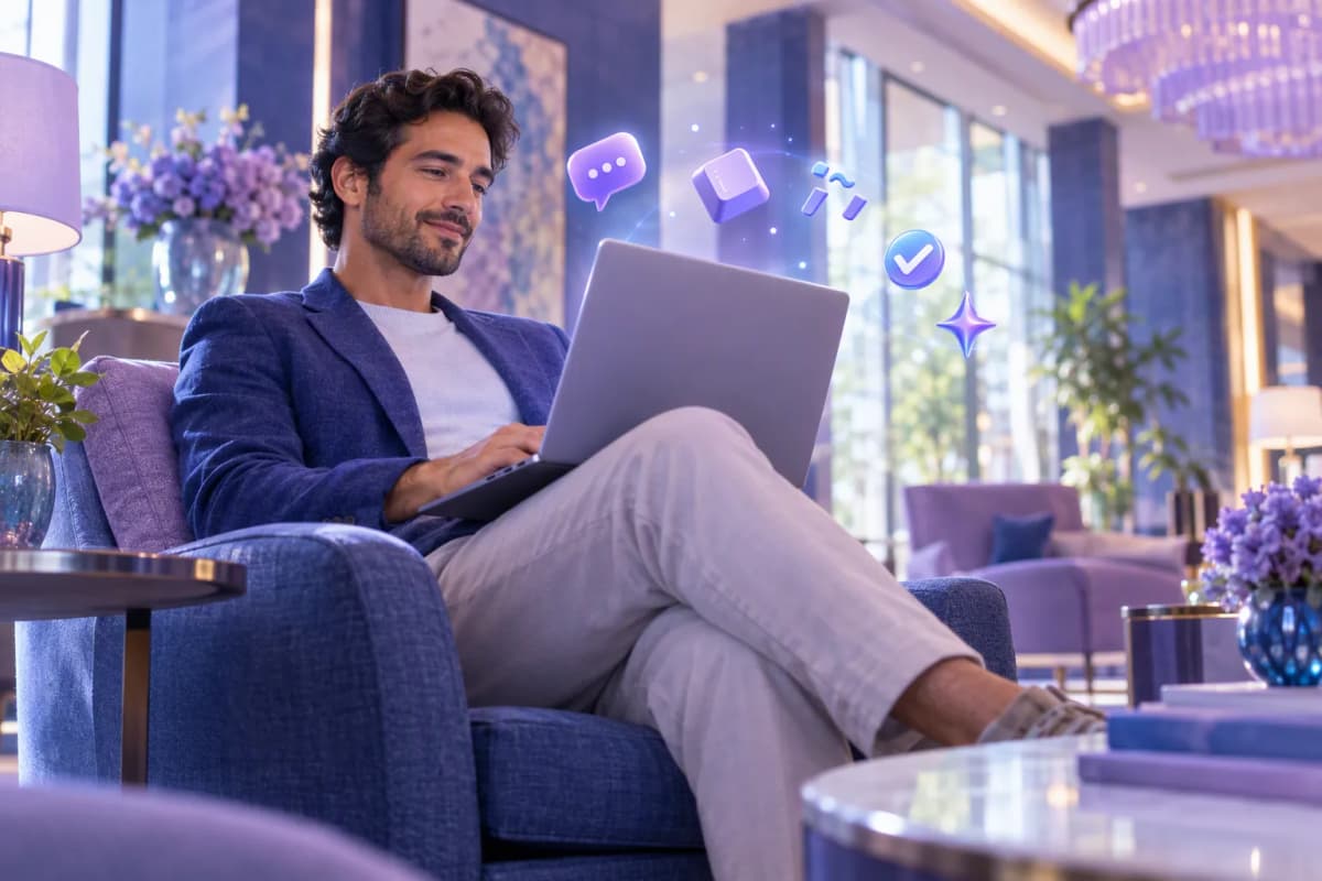 Şık otel lobisinde koltukta laptop kullanan adamın yanında ışıklı 3D yazım ikonları