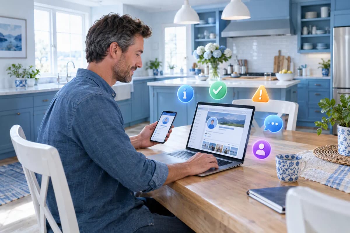 Mutfak masasında akıllı telefon ve dizüstü kullanan orta yaşlı adam, 3D ikonlar