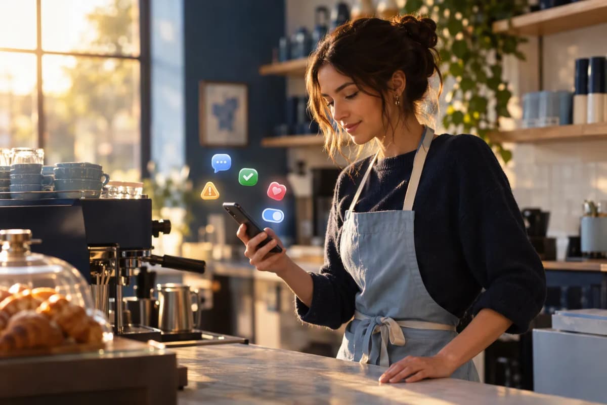 Kahve tezgâhı arkasında barista, gün batımı ışığında telefona bakarken 3D ikonlar süzülür