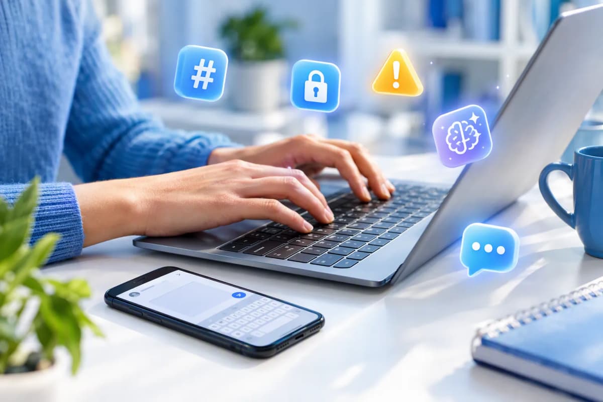Mavi-beyaz çalışma alanında laptopta yazan eller ve yanında uygulama ekranlı telefon, yüzen simgeler