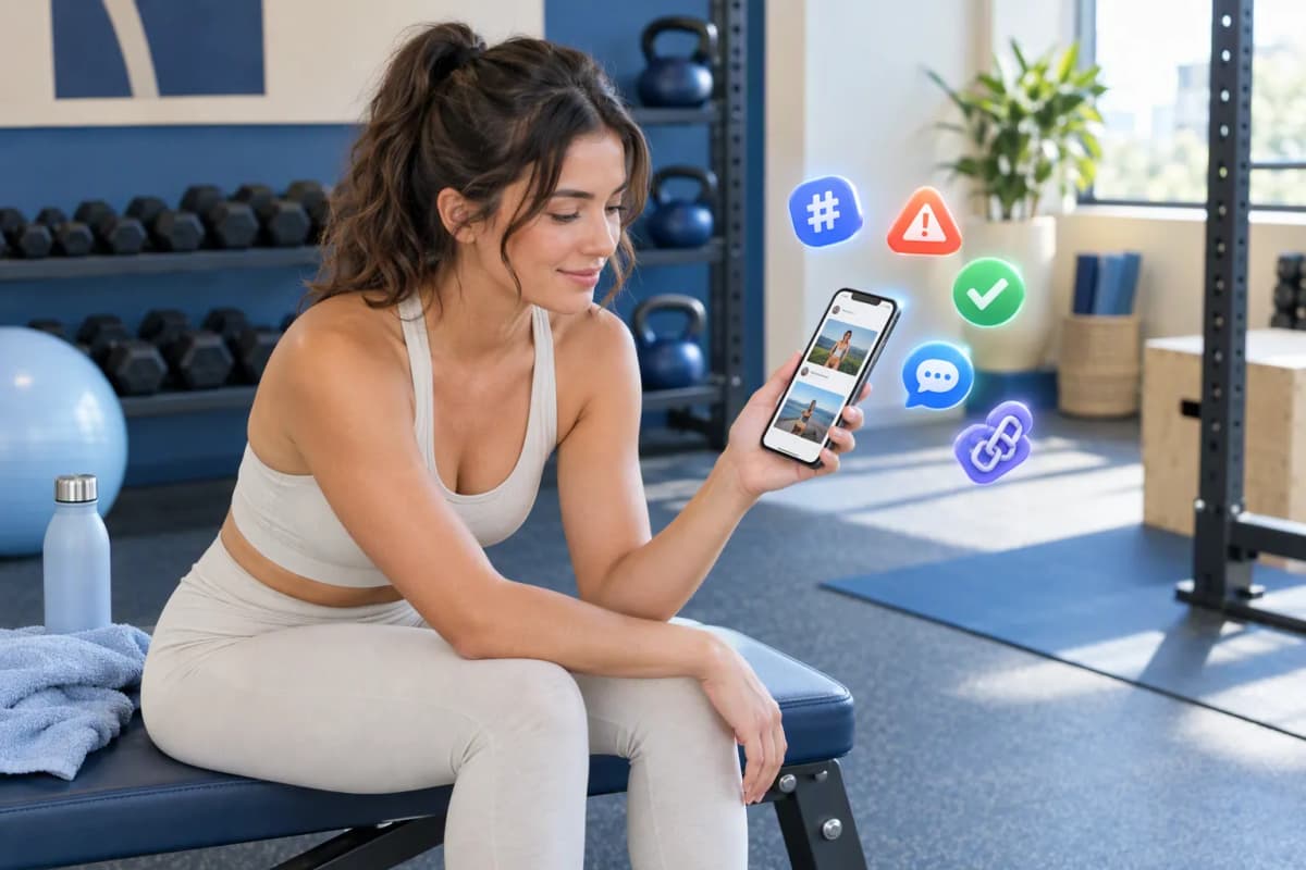 Modern spor salonunda bankta oturan kadın, telefona bakarken yanında 3D simgeler süzülüyor