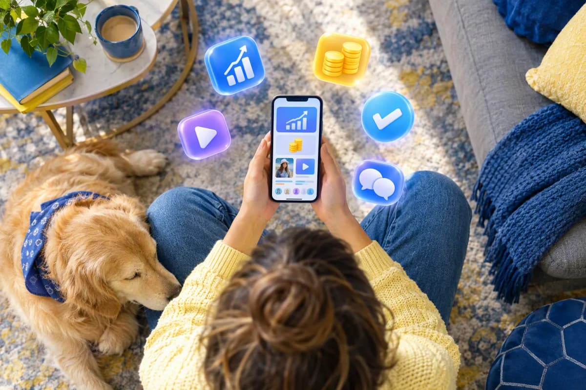 Halıda oturan kişi telefona bakarken yanında köpek; havada parlak kazanç simgeleri var