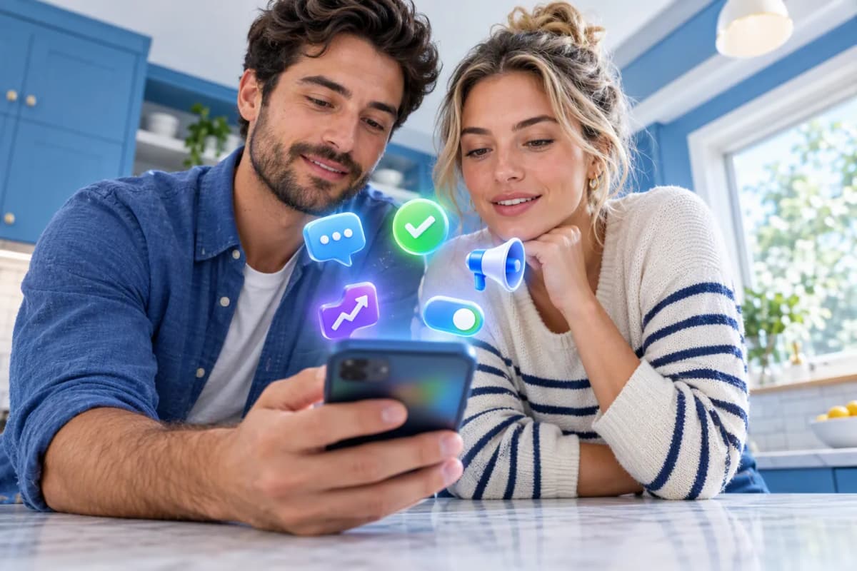 Mavi-beyaz mutfakta tezgâhta telefona bakan çift, üzerinde 3D simgeler süzülüyor