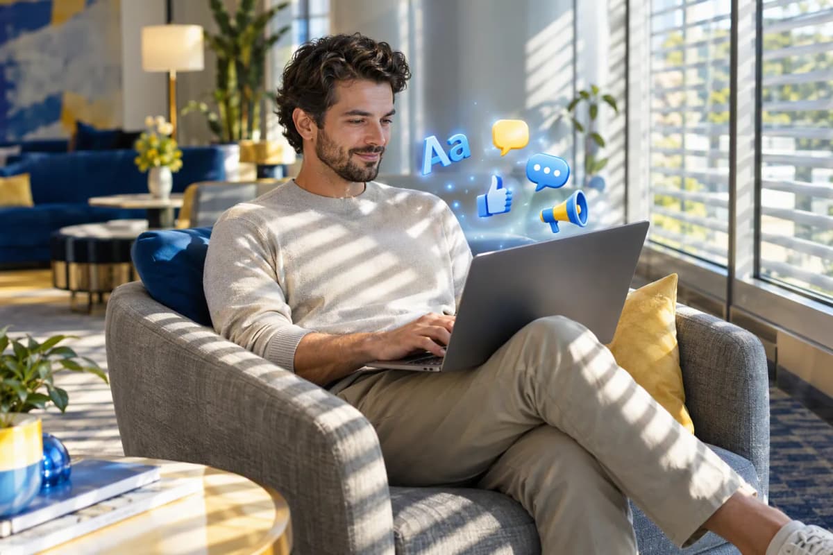 Modern otel lobisinde koltukta dizüstüyle çalışan adam, güneş şeritleri ve 3D ikonlar