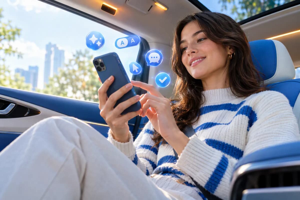 Modern arabada yolcu koltuğunda telefon tutan kişi, ekranda sosyal akış ve ışıklı ikonlar