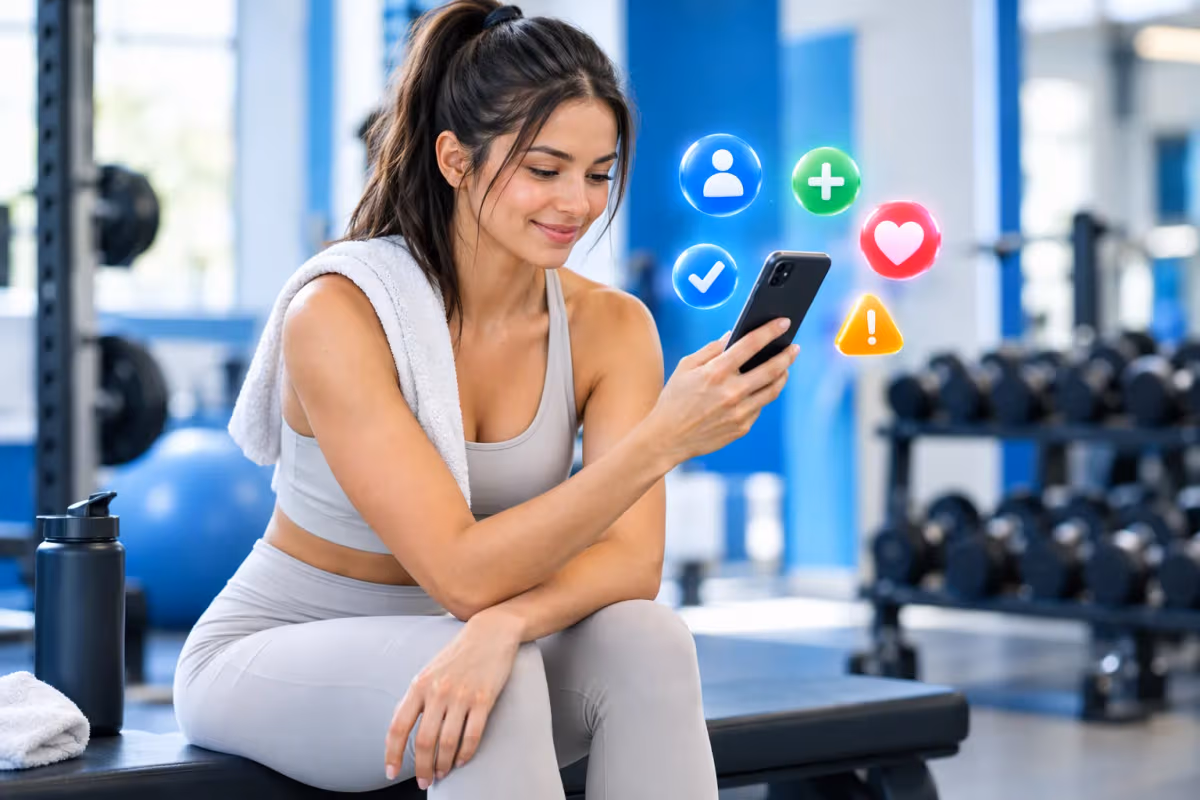 Mavi beyaz modern spor salonunda bankta oturan kadın, telefona bakıyor; 3D simgeler uçuşuyor