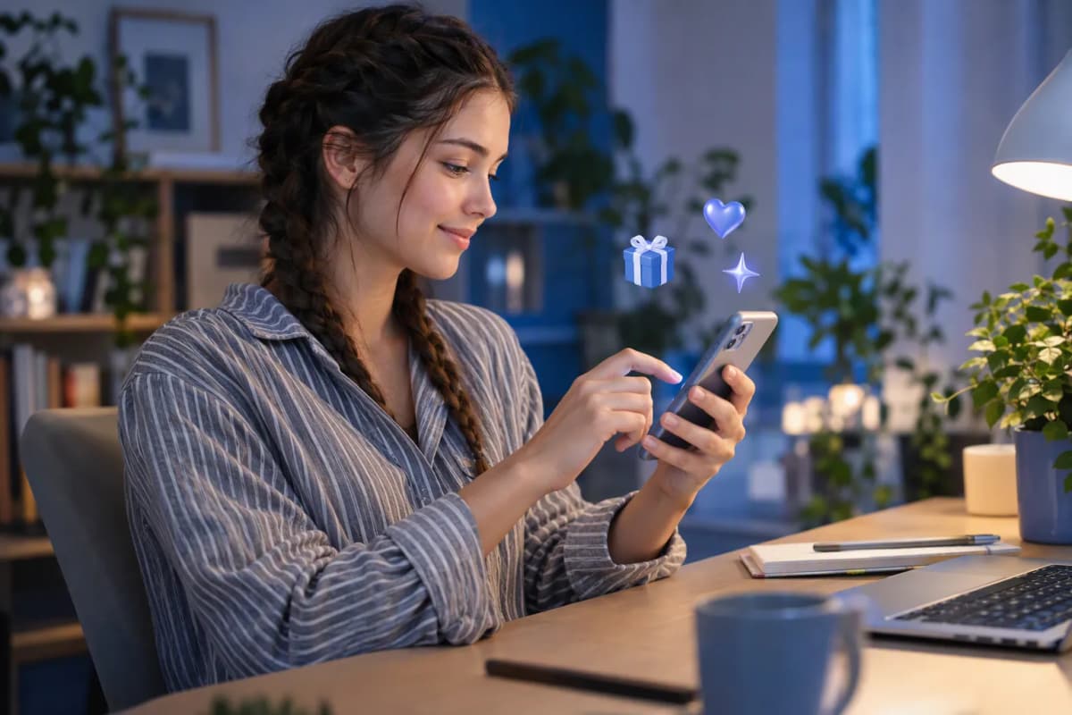 Bitkili ev çalışma masasında telefonunda ücretsiz denemeyi keşfeden genç kadın; çevresinde 3D simgeler