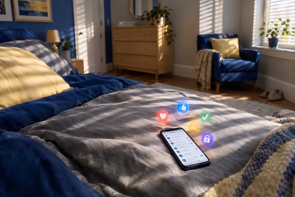 Kırışık yatak örtüsünde duran akıllı telefon, odada sabah ışığıyla; etrafında 3D ikonlar